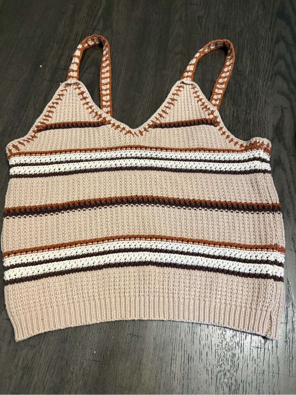fab'rik Striped Knit V-Neck Camisole in Beige, Brown & Cream. Small-Medium